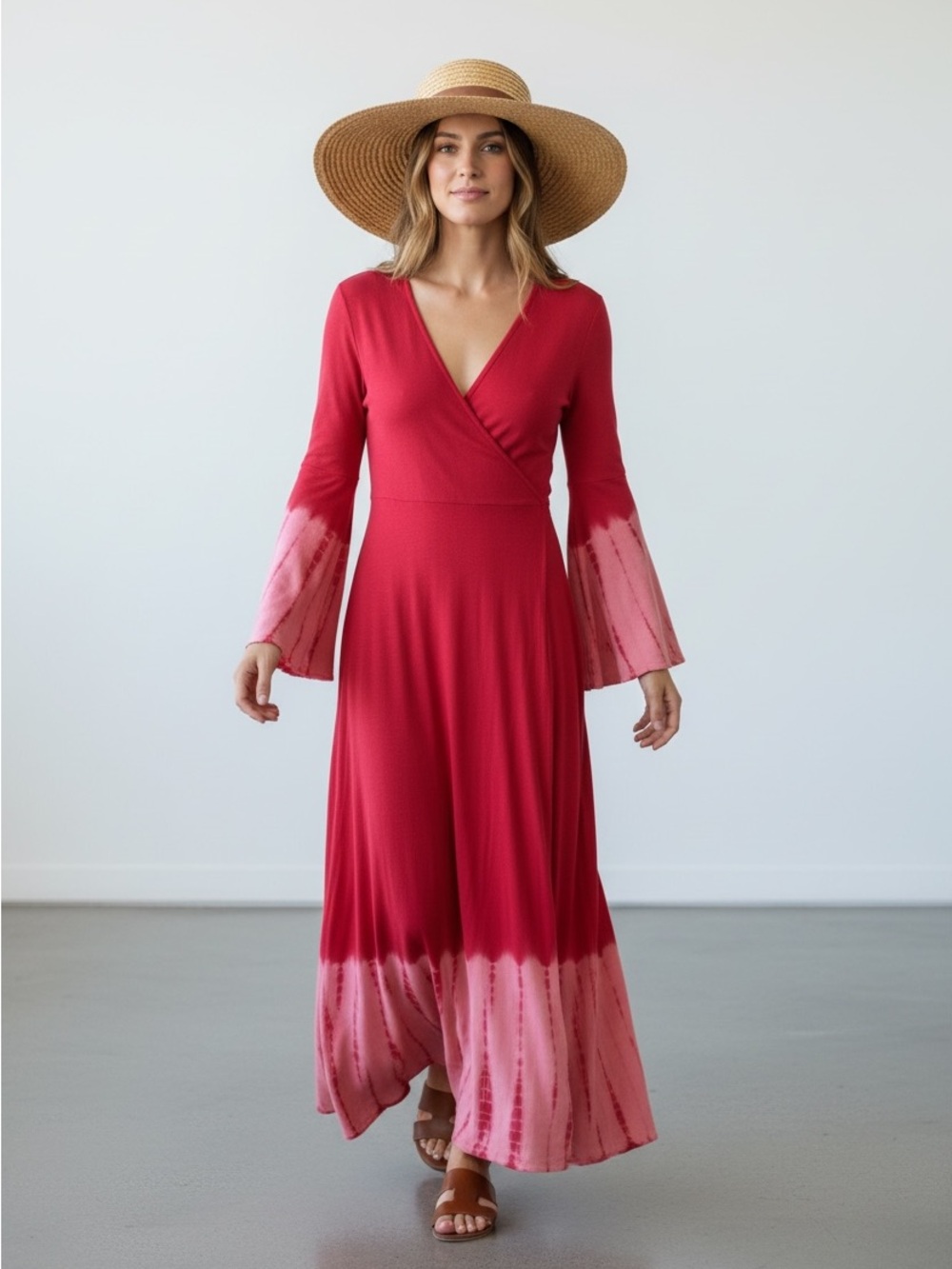 0077. Women’s dark and light pink Vintage Tie-Dye Hem Wrap Maxi Dress